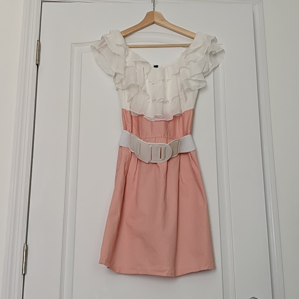 White ruffle coral pink a line dress